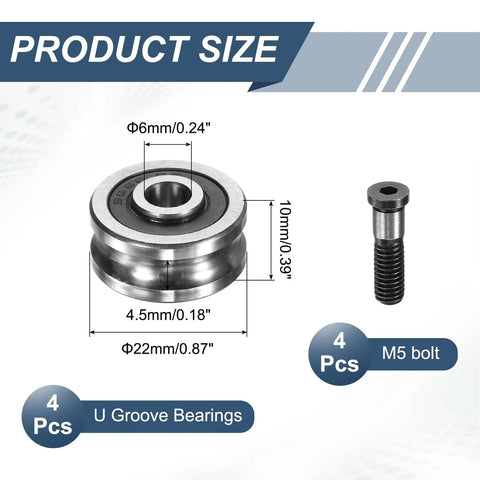Straight Up Heavy Duty 4Pcs U Groove Ball Bearings With Smooth Rolling Rail Pulleys And Precision Guides For Linear Motion Systems And Printing Projects Featuring Rock Solid Steel Build And M6 Hardware To Level Up Your Workshop Setup showing size dimensions of U groove bearings and M5 bolts.