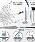 Outdoor Grill Basket For Fish, Shrimp, Veggies And Meat, Stainless Steel With Detachable Heat Resistant Handle, Lockable Design For Easy Grilling, Camping Cookware, Versatile Grilling Rack, detailed dimensions and features displayed.