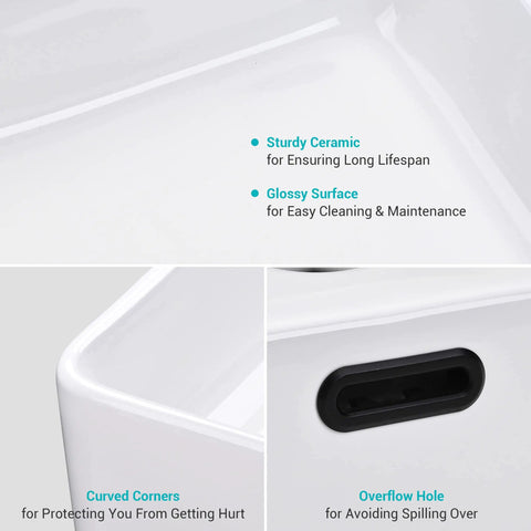 Close-up of 20 Inch Rectangular Ceramic Vessel Sink With Overflow For Above Counter Dope White Porcelain showing corners and overflow hole