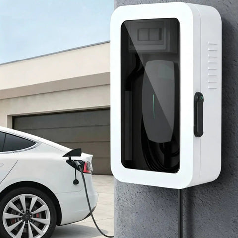 Rock Solid Wall Mounted Charger Cover With Tamper Proof Lock And Integrated Cable Holder For Indoor Outdoor Installations rugged steel box installed beside a white electric car.