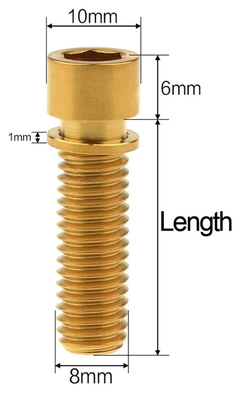 Straight Up Top Shelf Titanium Hex Head Screws 4 Piece Built Damn Tough For Mountain Bikes And Road Cycles Lightweight Heavy Duty Cycle Fastener Replacement Kit M8 X 25mm with measurements shown.