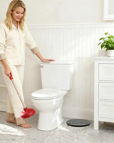 Solid Diatomaceous Earth Plunger Tray Quick Dry Gray Bathroom Drip Holder For Seven Inch Toilet Tools beside a toilet.