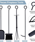 Compact Firewood Rack And Four Tool Set For Fireplace with shovel, broom, tongs, and poker, ergonomic handles, 22-inch length