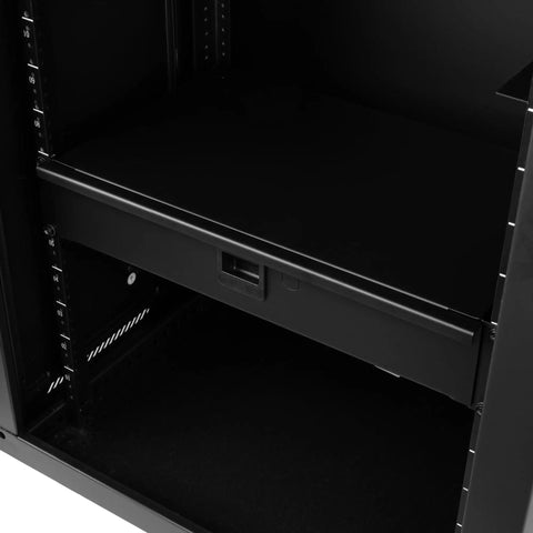 Interior view of Lockable 2U Wired Microphone Rack Drawer showcasing sliding shelf for 10 Pro Mics crafted from heavy steel.