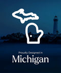 Stylized outline of Michigan with mitten symbol and text 'Proudly Designed in Michigan' over dark blue background.
