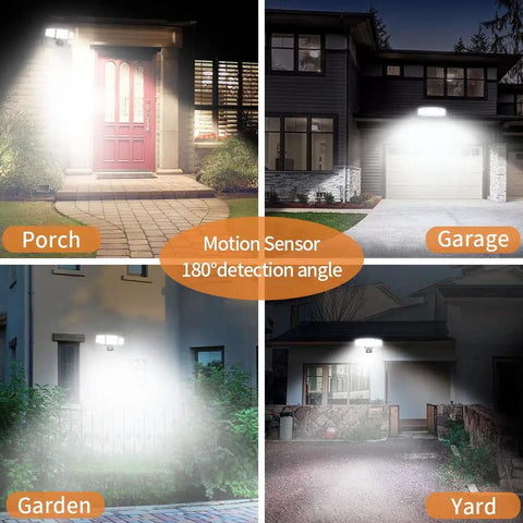 Plug In Motion Sensor Light With 3 Adjustable Heads 35W LED Outdoor Flood Light illuminating porch, garage, garden, yard