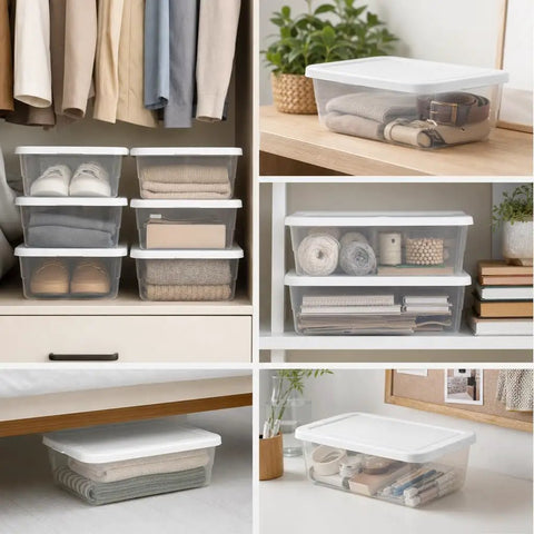 Clear Plastic Storage Bins With White Snap On Lids Set Of Ten Six Quart Capacity Secure Lock Tight Organizers For Home Pantry Closet Kitchen.