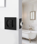 Matte Black Pocket Door Lock Set For Sliding Doors Square Pocket Door Hardware Kit installed on white bathroom door