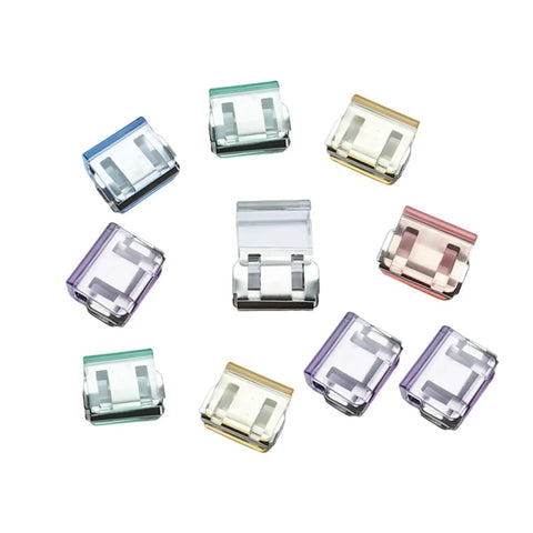 Invisible Leg Shortening Clips Portable No Sew Pants Adjusters Alloy Quick Fix Hem Clips in assorted colors, 10 pack on white background.