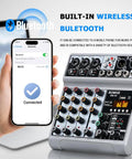 Five Channel USB Bluetooth Audio Mixer With Dope Echo Delay Effects And 48V Phantom Power shown with mobile connectivity