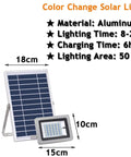 JUDYSSY Led Flood Lights Outdoor Solar Lights with aluminum body, dimensions 26cm x 18cm, and 50m² lighting area.