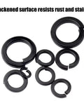 Black Slotted Stainless Steel Spring Lock Washers Anti Loosening Interlock Design Pro Grade Heavy Duty Metric Fasteners in a pack.