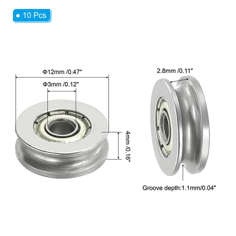 Slick As A Whistle V Groove Bearing 10 Pack Carbon Steel Guide Pulley with 3 mm Inner Bore and 12 x 4 mm width, side view technical dimensions.