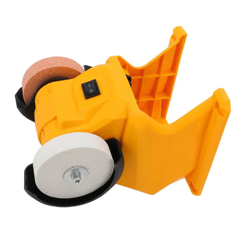 Kickass Cordless Bench Grinder With Dual Grinding Wheels And Blazing 5500 Rpm Spin for quick sharpening and polishing, yellow body, dual wheels.