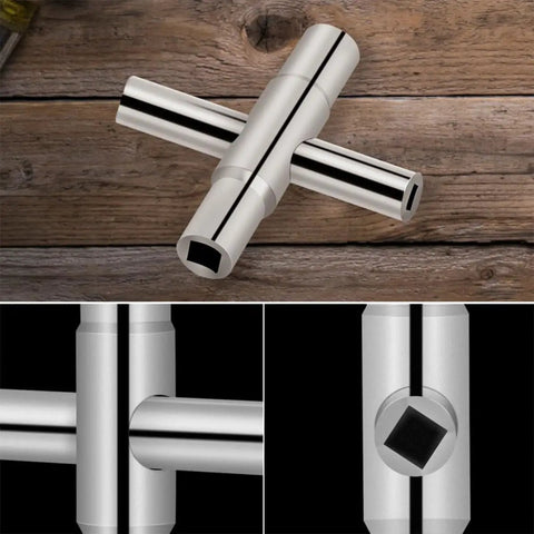 Heavy Duty 4 Way Socket Wrench And Water Valve Key Set handles outdoor faucet nuts on wooden background.