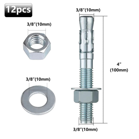 12 Pieces Three Eighths Inch By Four Inch Zinc Plated Wedge Anchor Heavy Duty Concrete Fasteners Carbon Steel Expansion Bolts
