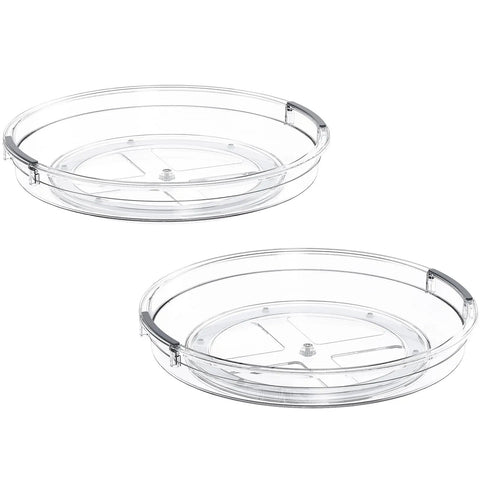 Clear Two Pack Rotating Lazy Susan Turntable For Kitchen Cabinets And Fridge Shelves. 10.6-inch clear trays for organized storage.