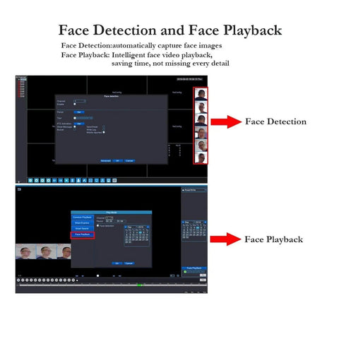 Face detection and playback interface showcasing Hella Crisp 4K Ultra HD 8MP PoE Security Camera System features.