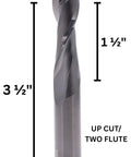 Pro Grade Up Cut Spiral Router Bit with Solid Carbide one half inch cutting diameter and shank, two flutes, showing dimensions.