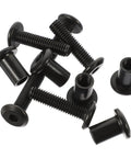 M6x25 Black Stainless Steel Binding Screws With Hex Socket Barrel Nuts for Rock Solid Furniture Assembly and Scrapbook Craft Hardware close-up view.