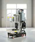 Electric Single Mast Aluminum Alloy Vertical Lift Portable Aerial Work Platform 6M To 10M in a spacious indoor setting.