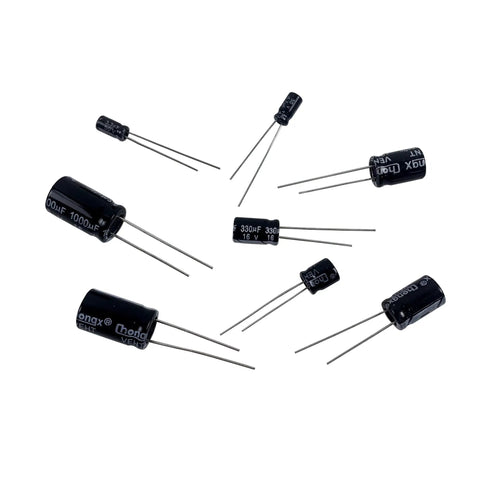 Killer Aluminum Electrolytic Capacitor Assortment Kit With 700 Pieces Across 35 Values Ranging From.1uf To 1000uf In 10v 16v 25v 50v Ratings showing various capacitors on white background