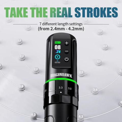 Front view of Dragonhawk L3 cordless tattoo gun, black with digital display and stroke-length dial.