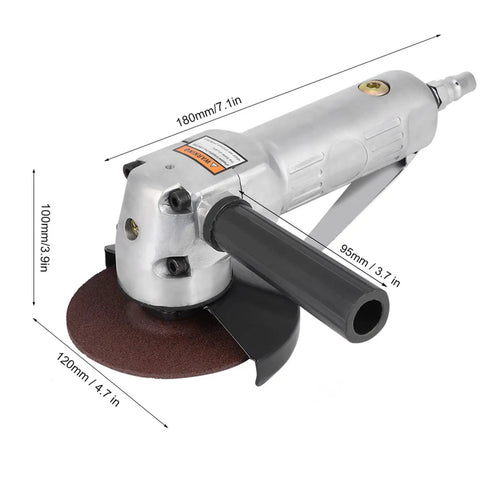 4 Inch Pneumatic Air Angle Grinder 11000 Rpm High Speed Polisher Heavy Duty Metalwork Tool with abrasive disc and ergonomic handle.