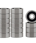 Premium Deep Groove Ball Bearings 625 2RS 5mm X 16mm X 5mm ABEC 3 Dual Rubber Sealed 16 pack stacked with rubber seals.