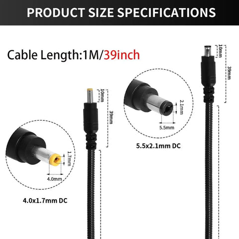 Product size specifications for Chewproof Solar Power Cord For Trail Cameras 39 Inch Hella Rugged DC Adapter connectors.