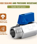 Two Pack One Half Inch Mini Ball Valve Set In 304 Stainless Steel With NPT Female To Male Thread Shutoff Valves For Tight Quarters And Small DIY Plumbing Projects.