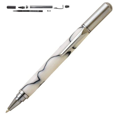 Rollester Rollerball Pen Kit Starter Package with black and white swirl design, showcasing hardware components, great for woodturning projects.