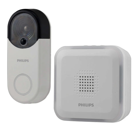 Wireless Security Doorbell Kit With Realistic Decoy Cam And Motion Activated Light, 150 Feet Range, 32 Chime Sounds And Four Volume Levels, White Easy Setup For Any Home Or Office, shown with components.