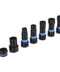 Bewinner 7 Pcs Vacuum Hose Expansion Adapters Quick Connectors For Workshop Dust Collection Kits With Sander Tool Compatibility ABS Plastic Build with black and blue connectors.