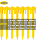 Front view of 60 pack plastic tent stakes five point seven inch for anchoring garden netting camping tents rain tarps and landscape fabric.