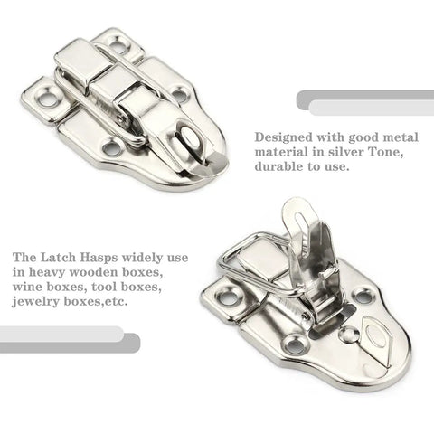 10 Pack Metal Duck Billed Box Hasp Lock Toggle Latch Catch Built Tough In Antique Silver Finish shown in open and closed views