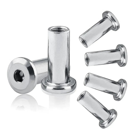 Heavy Duty 304 Stainless Steel Barrel Nuts And Hex Socket Furniture Rivet Inserts M2 Through M10 Sizes shown in detail.