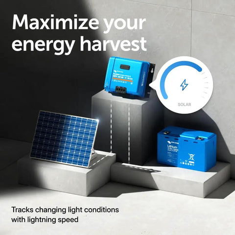 SmartSolar MPPT Tr VE 150V 85A Solar Charge Controller with Bluetooth placed beside solar panel and battery.