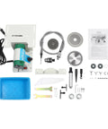 750W Variable Speed Bench Grinder And Badass Heavy Duty Shop Rig components laid out, showing motor, saw blades, and tools for jewelry polishing.