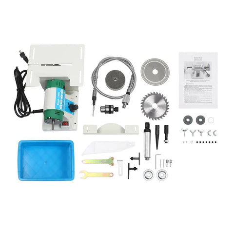 750W Variable Speed Bench Grinder And Badass Heavy Duty Shop Rig components laid out, showing motor, saw blades, and tools for jewelry polishing.