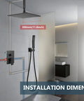 Top Shelf Ceiling Shower Faucet Set Featuring Handheld Sprayer And 12 Inch Led Rainfall Head in installation view showing dimensions.