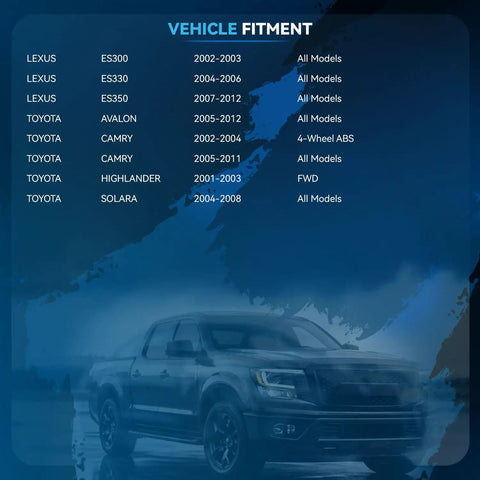 Vehicle fitment chart for Street Ready Rear Left Wheel Bearing Hub Assembly With Abs Sensor Fits Toyota Avalon Camry Highlander Solara Lexus Es300 Es330 Es350.
