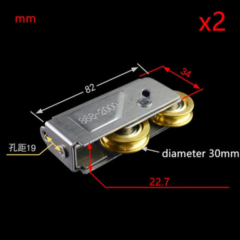 Heavy Duty Double Track Sliding Door Pulleys Featuring Stainless Steel And Copper Components Quiet Glide Cupboard And Pantry Hardware Set Contains Two durable rollers with 30mm diameter.
