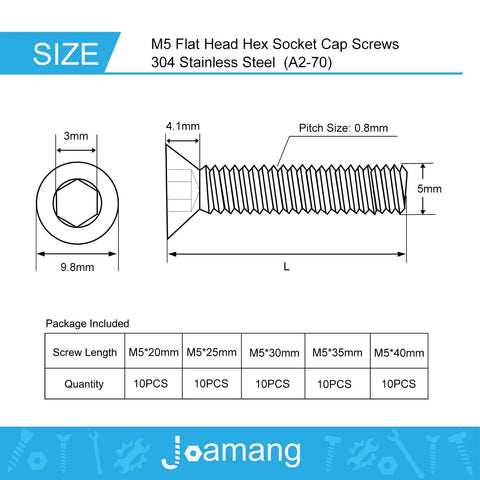 M5 Flat Head Hex Socket Countersunk Screws Assorted Lengths Twenty To Forty Millimeters Built Slick 304 Grade Stainless Steel dimensions diagram