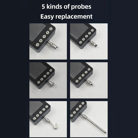 5 probe attachments for No Sweat Handheld Dynamometer With Drop Dead Easy Digital Force Gauge, showing easy replacement features.
