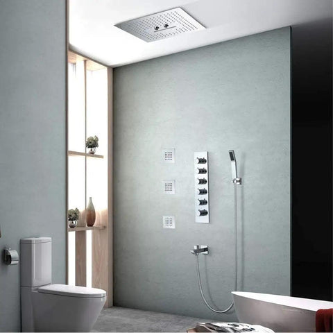 Super Slick Concealed Led Shower System Featuring Three Massive Side Beams And Five Plus One Spray Settings Paired With A Rock Solid Lead Free Basin Mixer in modern bathroom.