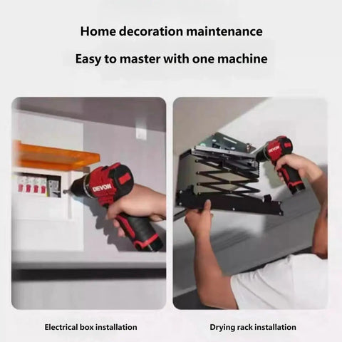 Kickass 12V Brushless Cordless Drill Driver with 3Ah Rechargeable Battery used for electrical box and drying rack installation.