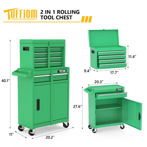 Heavy Duty Rolling Tool Chest With Lockable Swivel Wheels And Easy Pop Off Detachable Top featuring green powder coated steel construction.