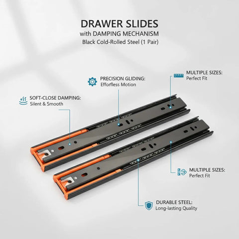 Soft Close Drawer Slides With Buffer Mechanism, Pro Grade Cold Rolled Steel Ball Bearing Glides For Kitchen Cabinets And Furniture, 1.77 Inch Wide Replacement Pair, black pair with damping mechanism.
