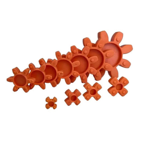 Polyurethane Jaw Coupling Spider Insert Rock Solid Flexible Hub Connector Heavy Duty Shock Absorbing Element arranged in various sizes.